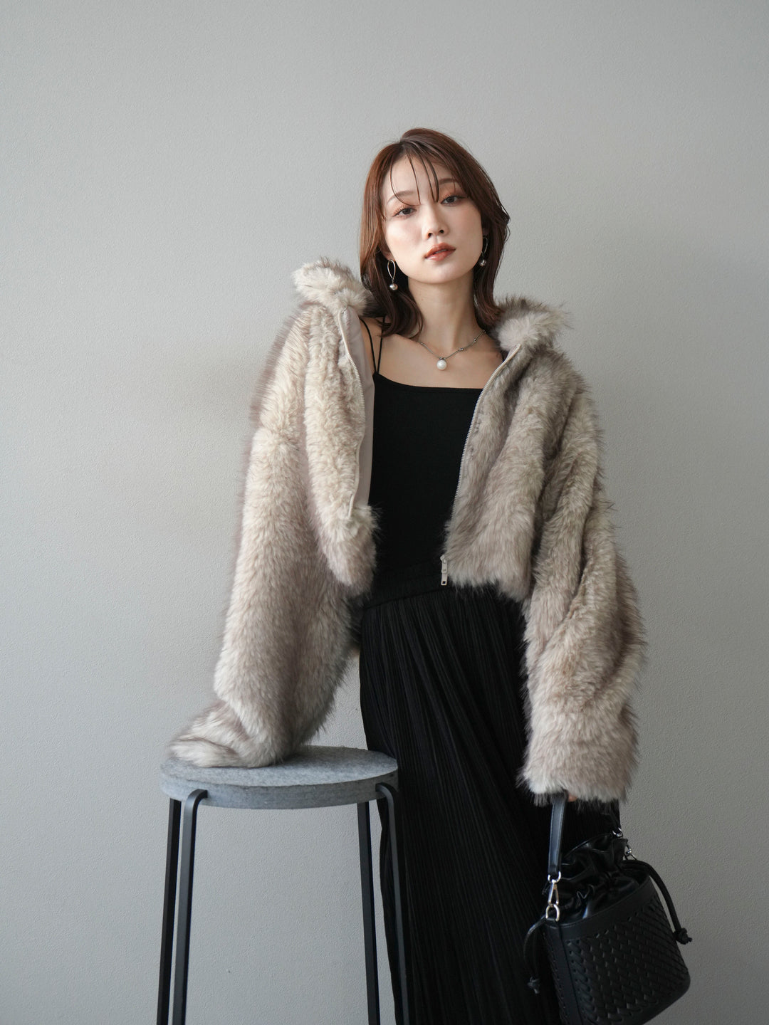 [予約]フェイクファーショートZIPジャケット/beigemix