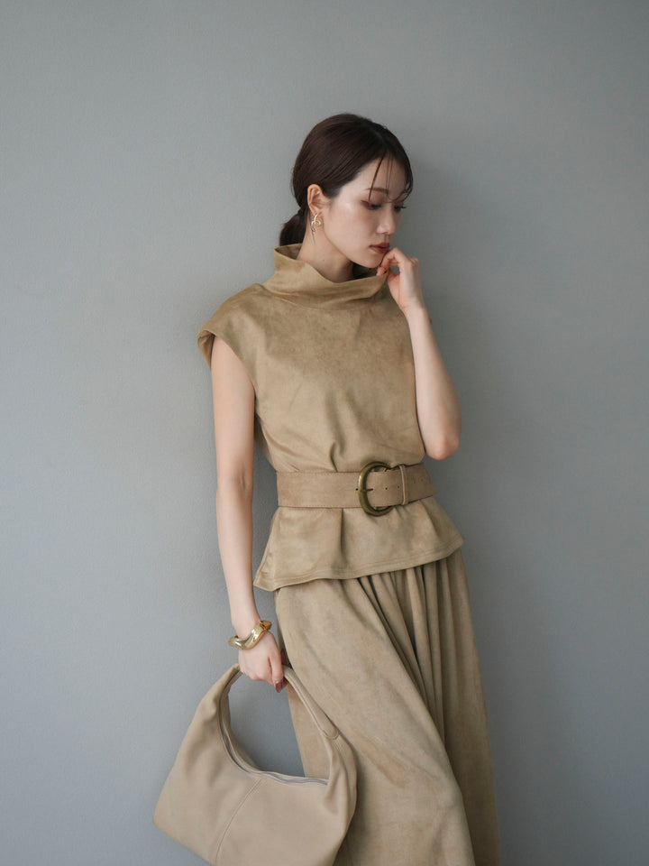 [SET]ベルト付スエードハイネックプルオーバー＆ワイドパンツSET UP