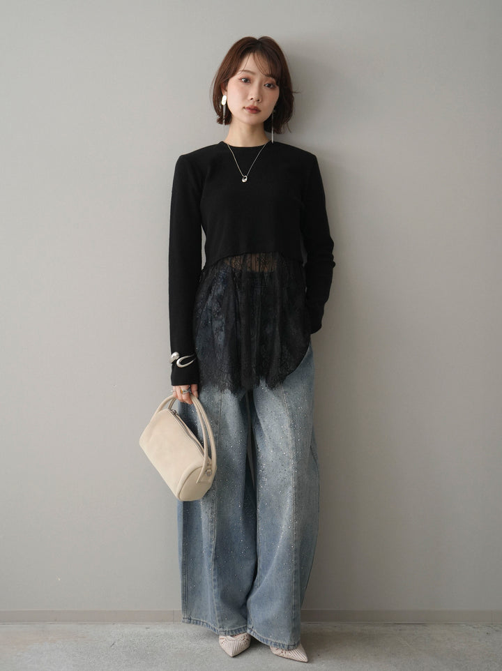 [SET]クルーネックレースドッキングリブニットトップス+フロントビジューカーブデニムパンツ(2set)
