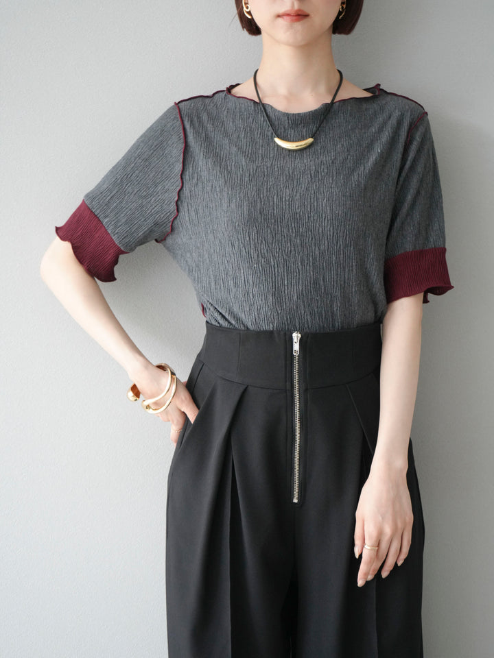 [SET] 百褶同色船領套頭衫 + 拉鍊褶襉寬褲 (2 套)