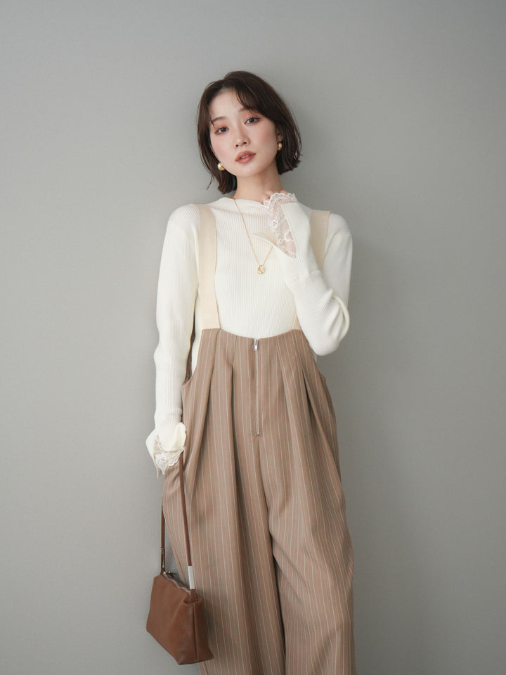 [SET]袖スカラップレースオフネックニットトップス+グログランテープストライプサロペット(2set)