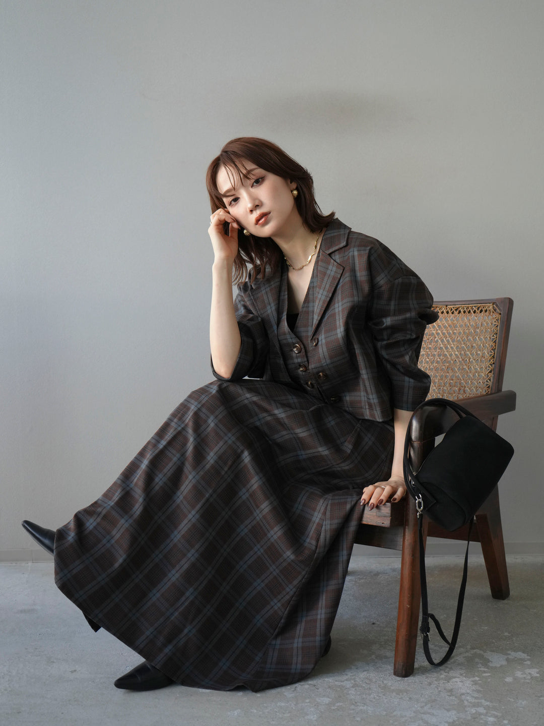 [SET]チェック柄ショートジャケット+チェック柄ベスト+チェック柄タックフレアスカート(3set)