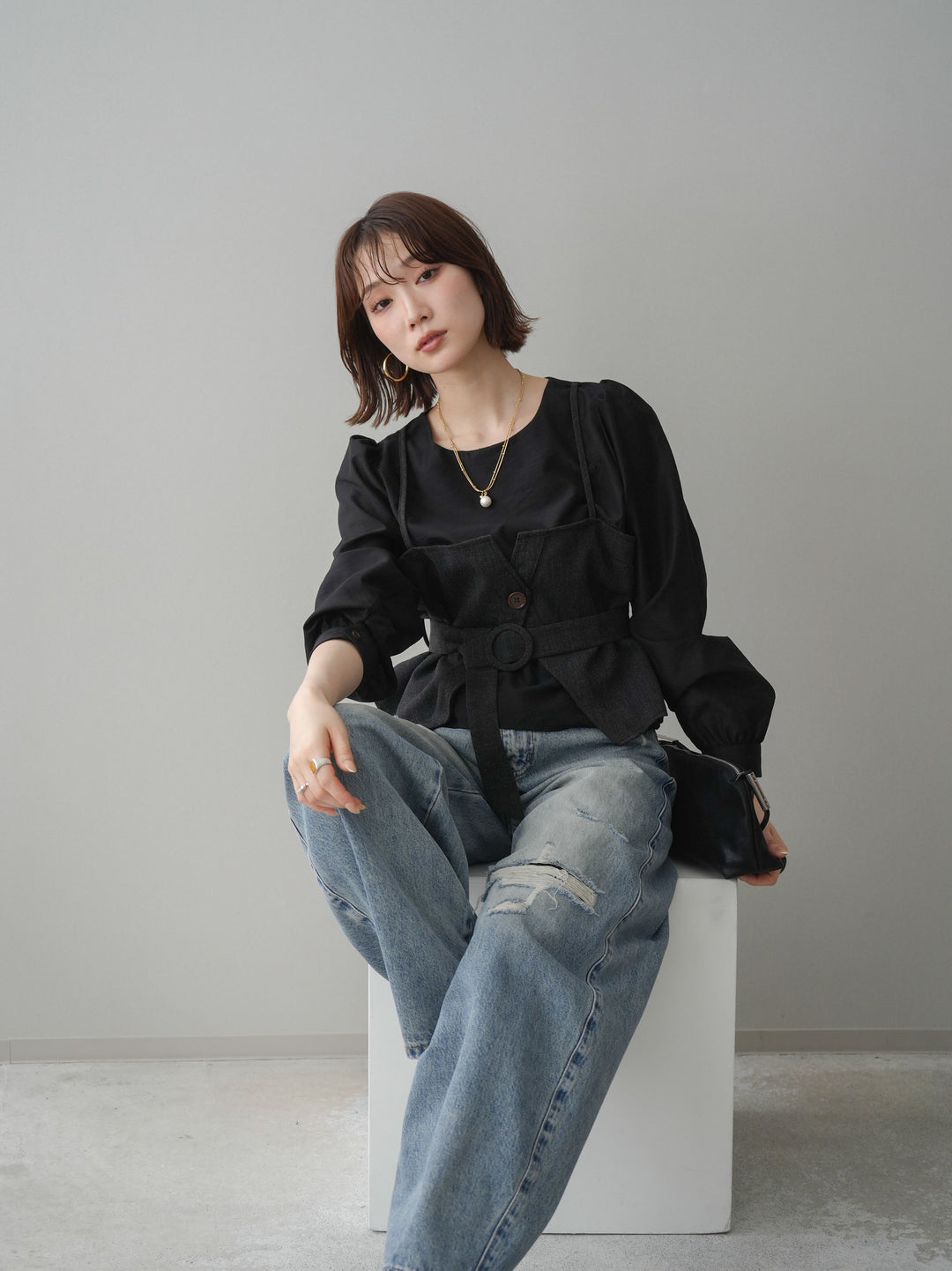 [SET]異素材ビスチェドッキングブラウス+ダメージデニムセミワイドパンツ(2set)