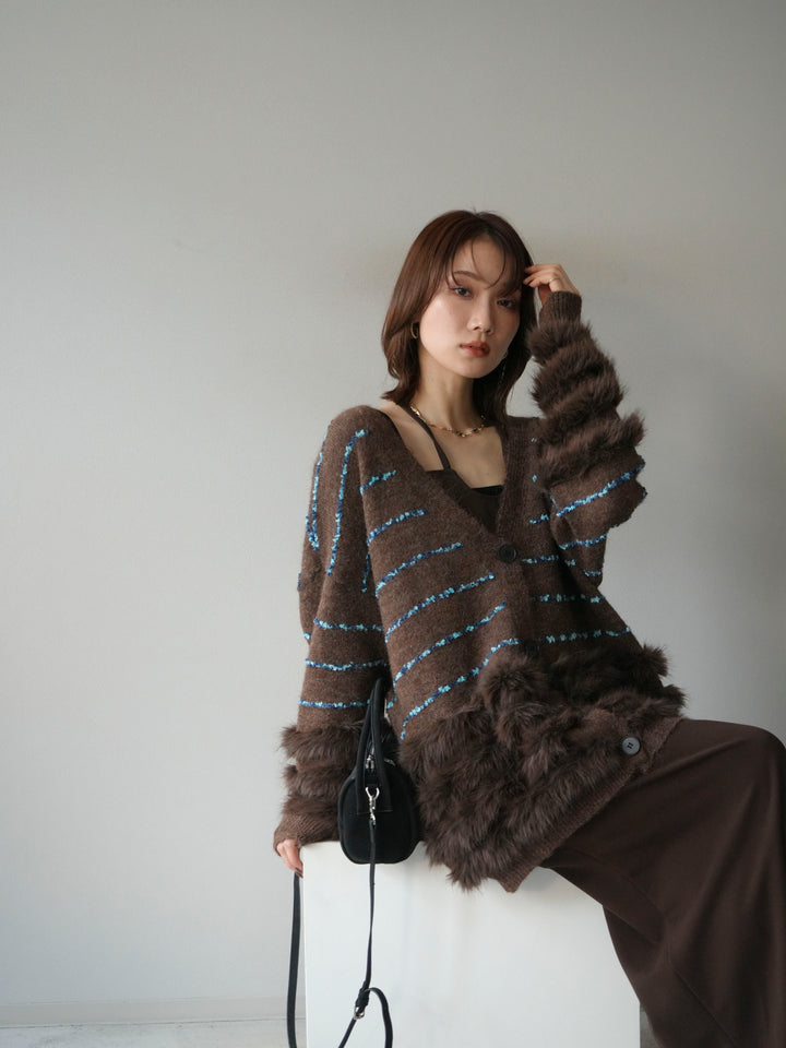 [予約]フェザーライン配色シャギーニットカーディガン/ブラウン