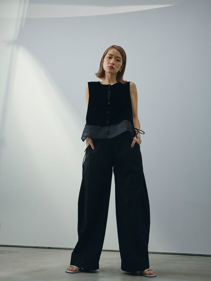 [SET]裾チュールベロアノースリーブプルオーバー+コクーンワイドチノパンツ(2set)