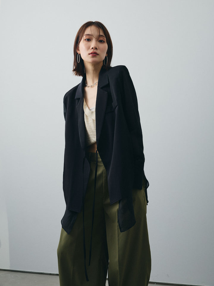 [SET]シアー切替テーラードジャケット+リネンライクカシュクールデザインビスチェ+コクーンワイドチノパンツ(3set)