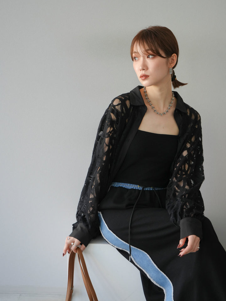 [SET]コードレースオーバーシャツ+デニムドッキングスウェットスカート(2set)