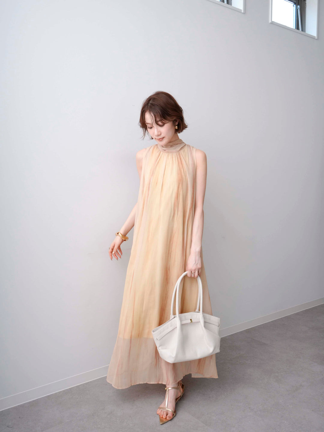 [予約]ニュアンスストライプバックリボンノースリワンピース/yellow