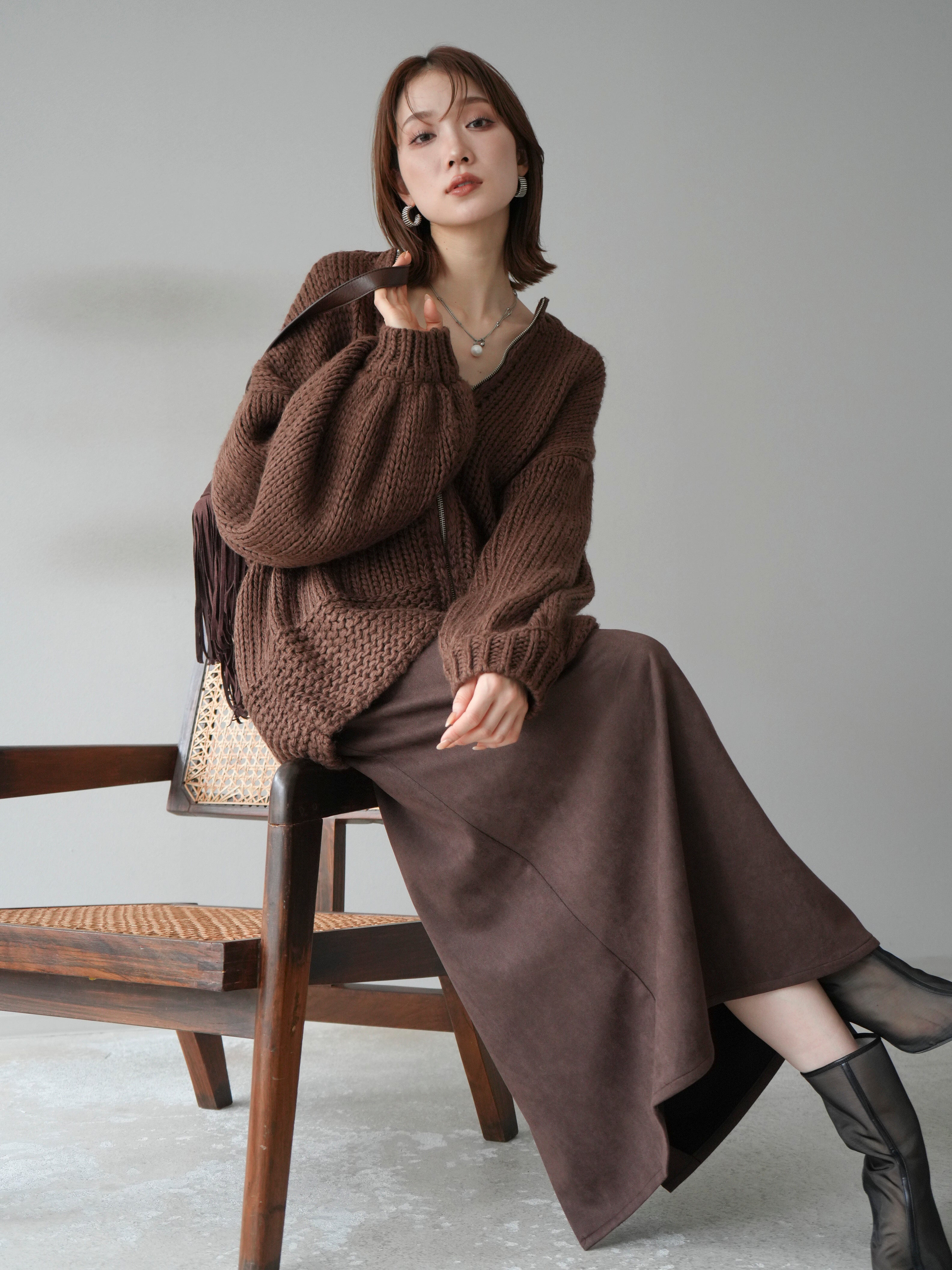 予約]ロービングケーブルオーバーZIPニットカーディガン/ブラウン – Lumier