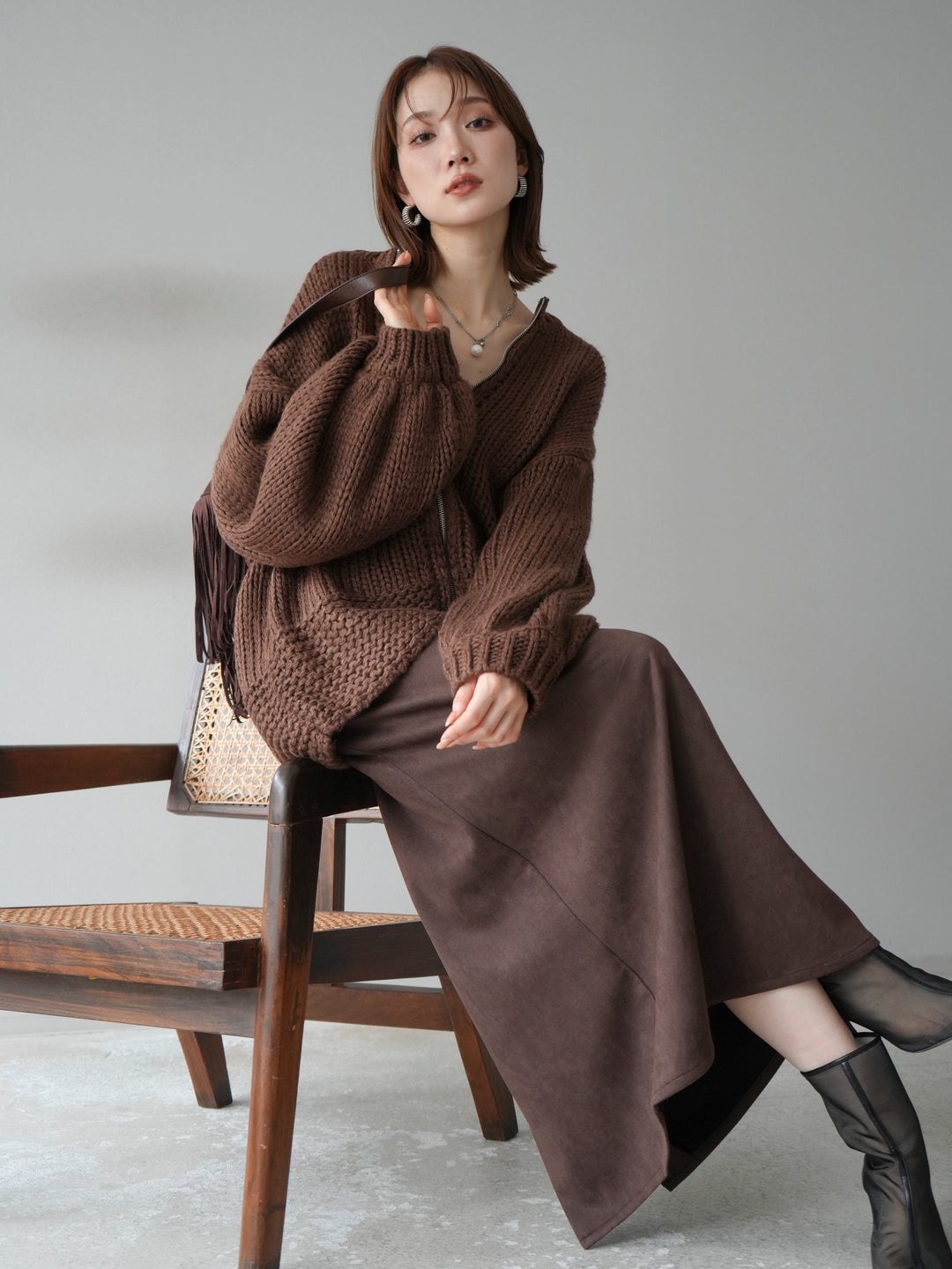 [予約]ロービングケーブルオーバーZIPニットカーディガン/ブラウン