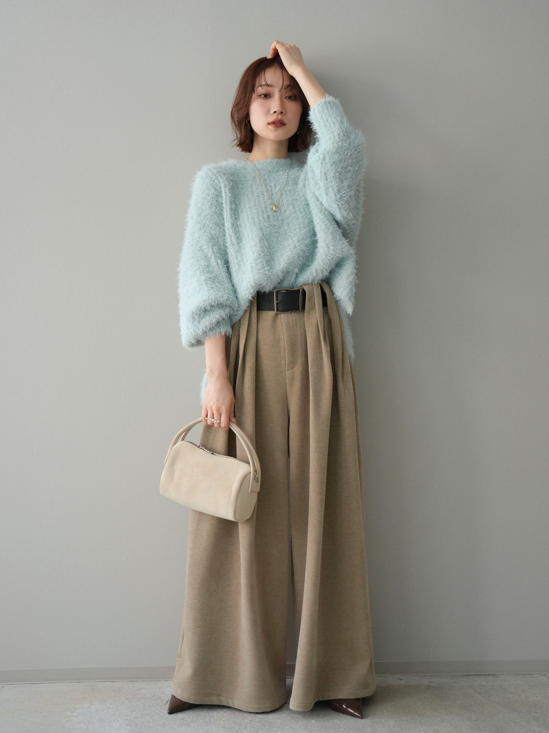 [SET]ボリュームスリーブシャギー MIXニットプルオーバー+ベルトデザインループコールテンワイドパンツ(ベルト付き)(2set)