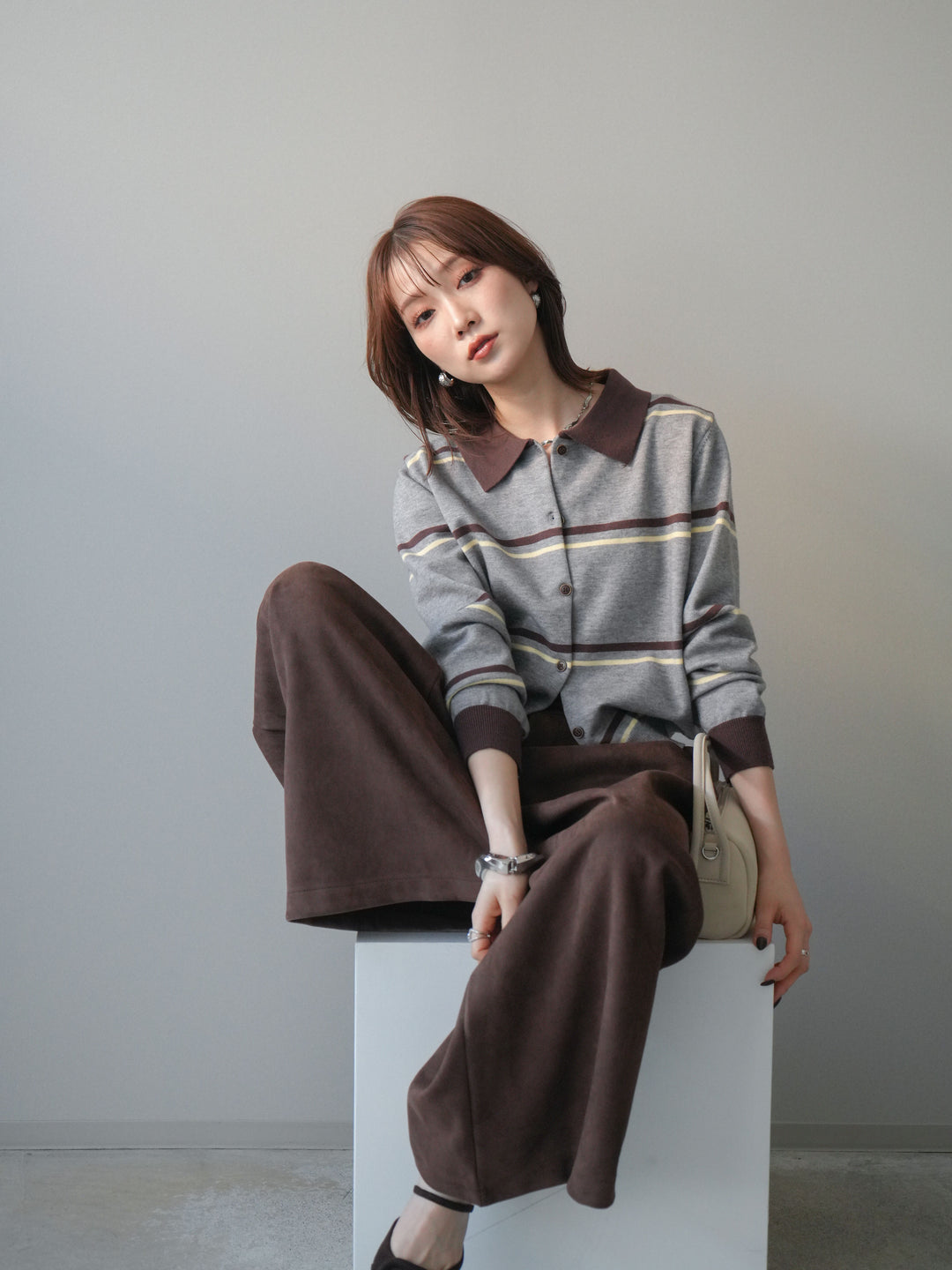 [予約]配色マルチボーダーポロニットカーディガン/gray