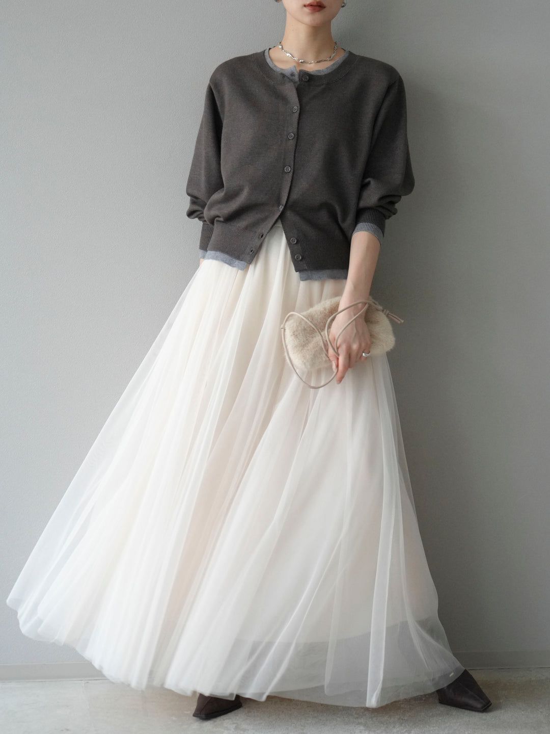 [SET]配色レイヤードカーディガン+チュールボリュームスカート(2set)