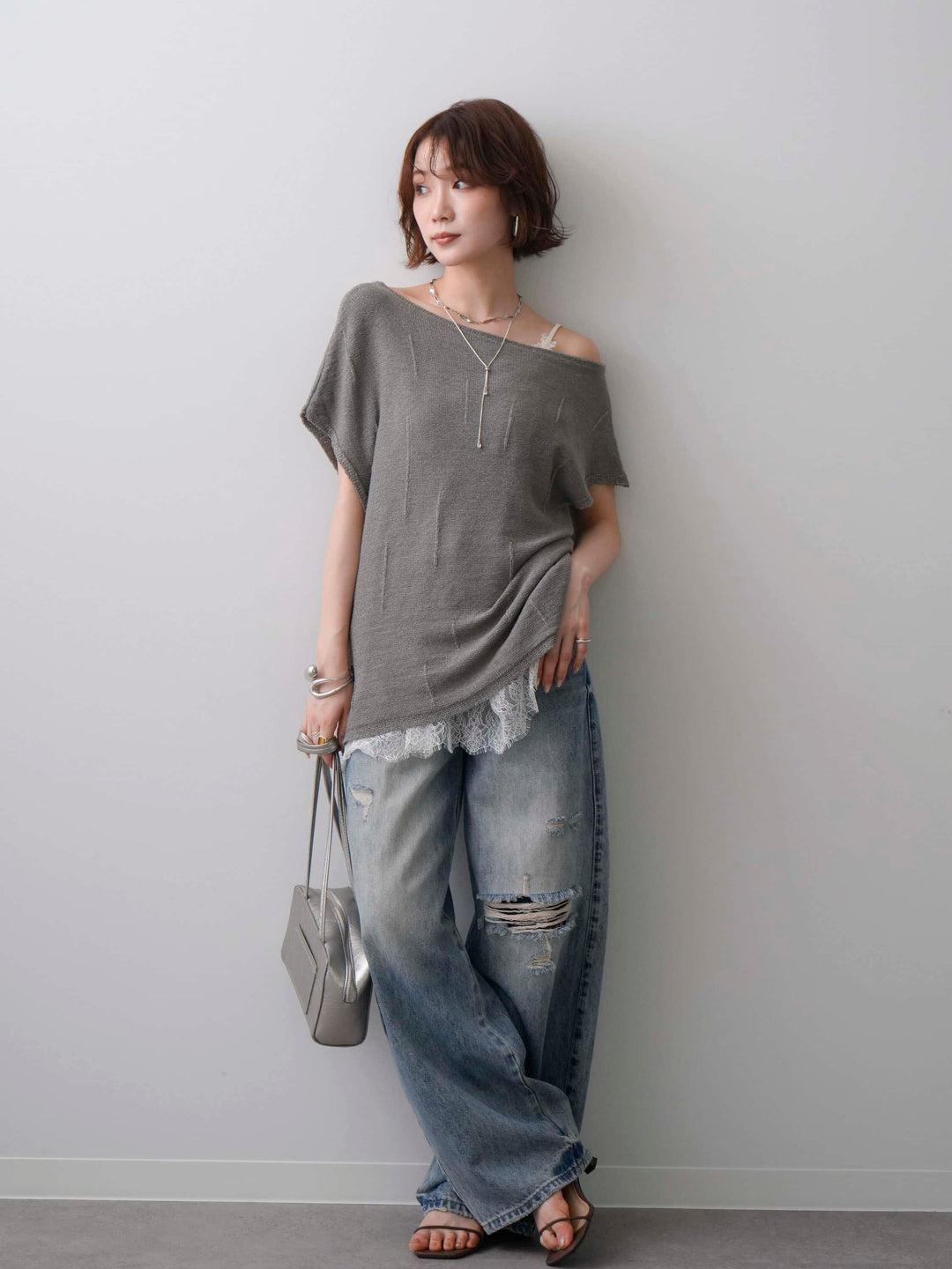 [SET]スラッシュ加工フレンチニットトップス+ダメージデニムセミワイドパンツ(2set)