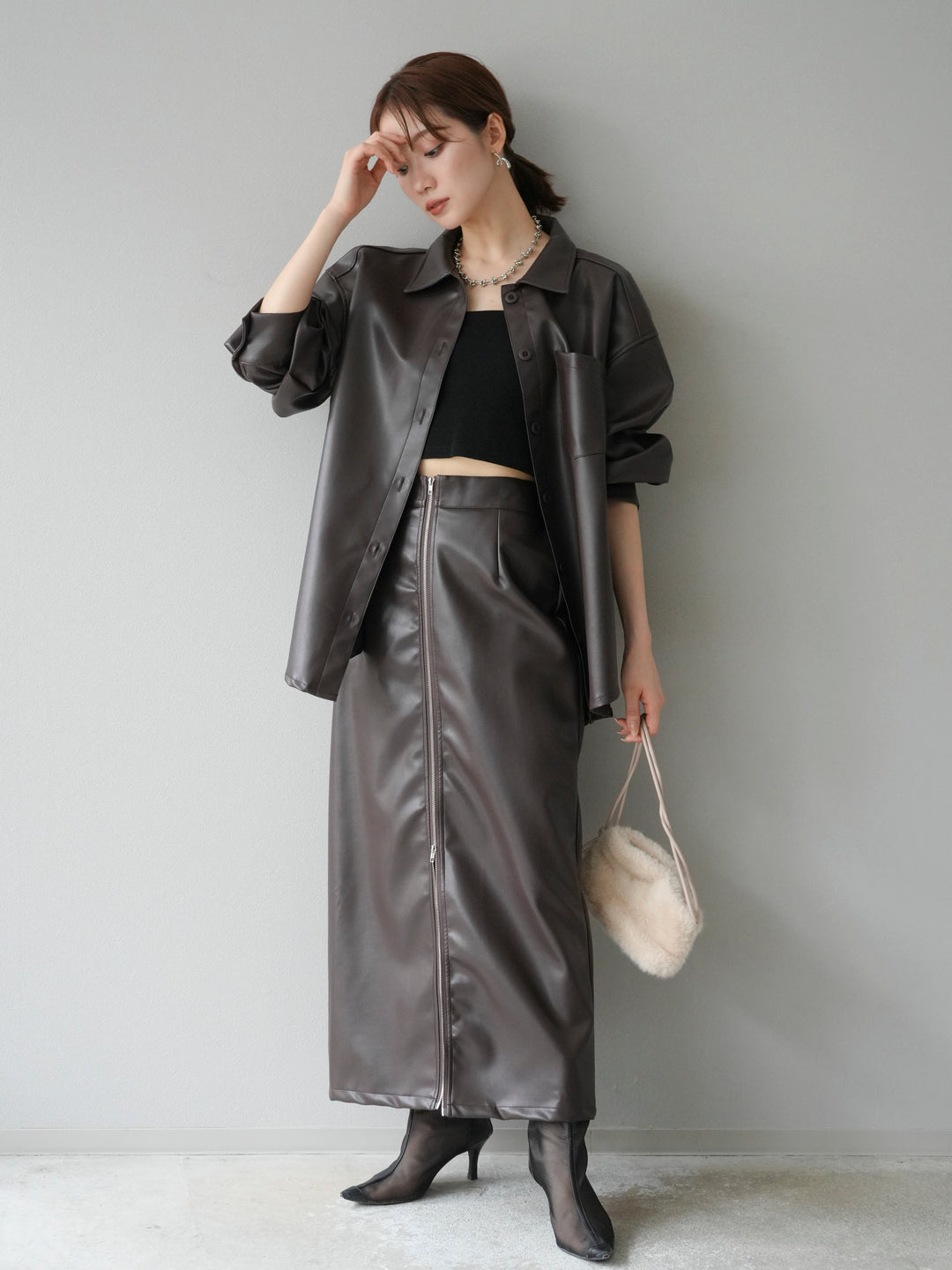 [予約]フェイクレザーシャツ/ブラウン