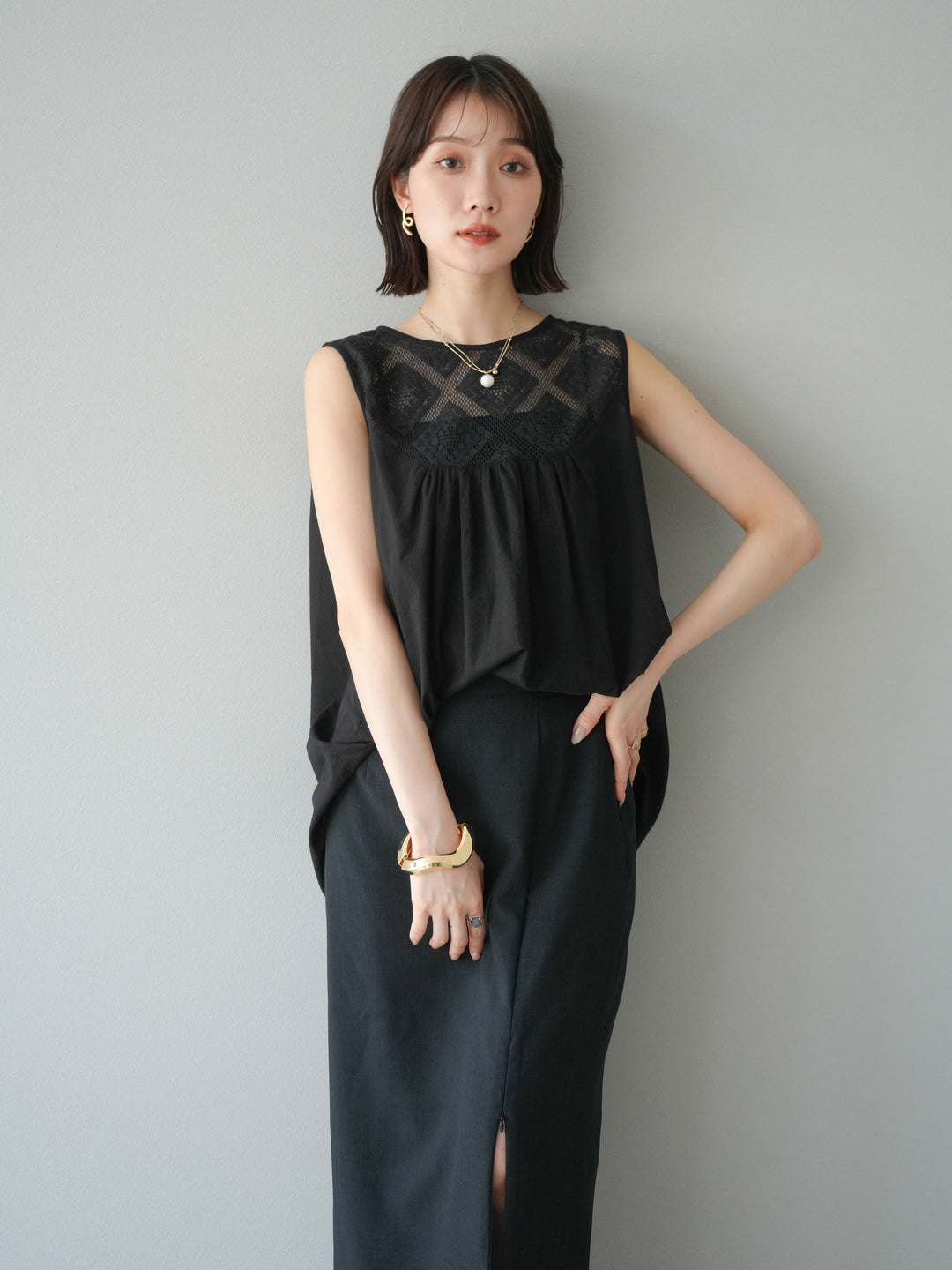 [予約]インド製コットンレース切替ノースリブラウス/ブラック