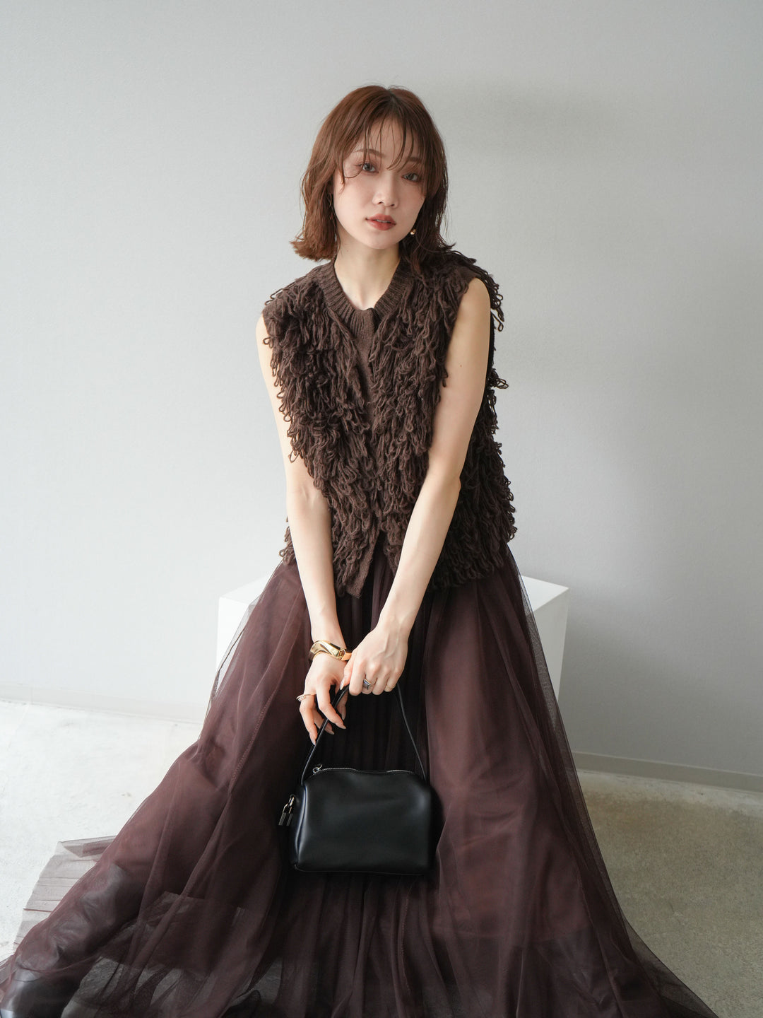 [SET] 前開衩針織背心 + 薄紗蓬鬆裙 (2 件套)