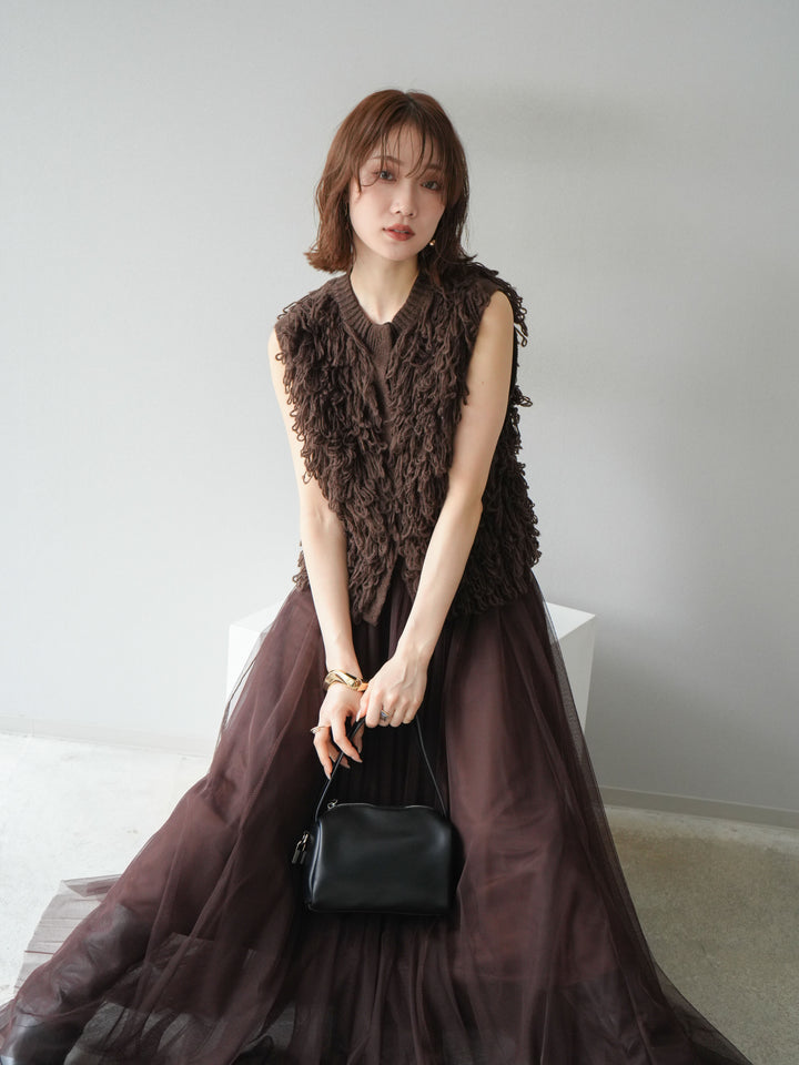 [SET] 前開衩針織背心 + 薄紗蓬鬆裙 (2 件套)