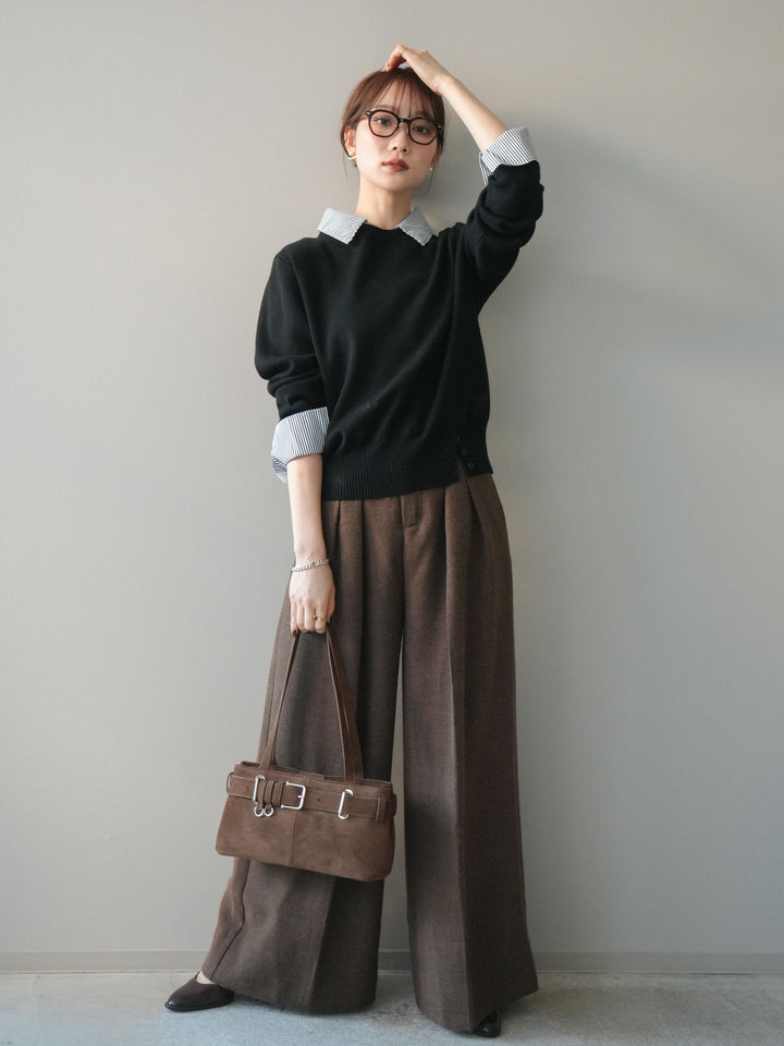 [予約]ウールタッチベルト付ワイドパンツ/brown