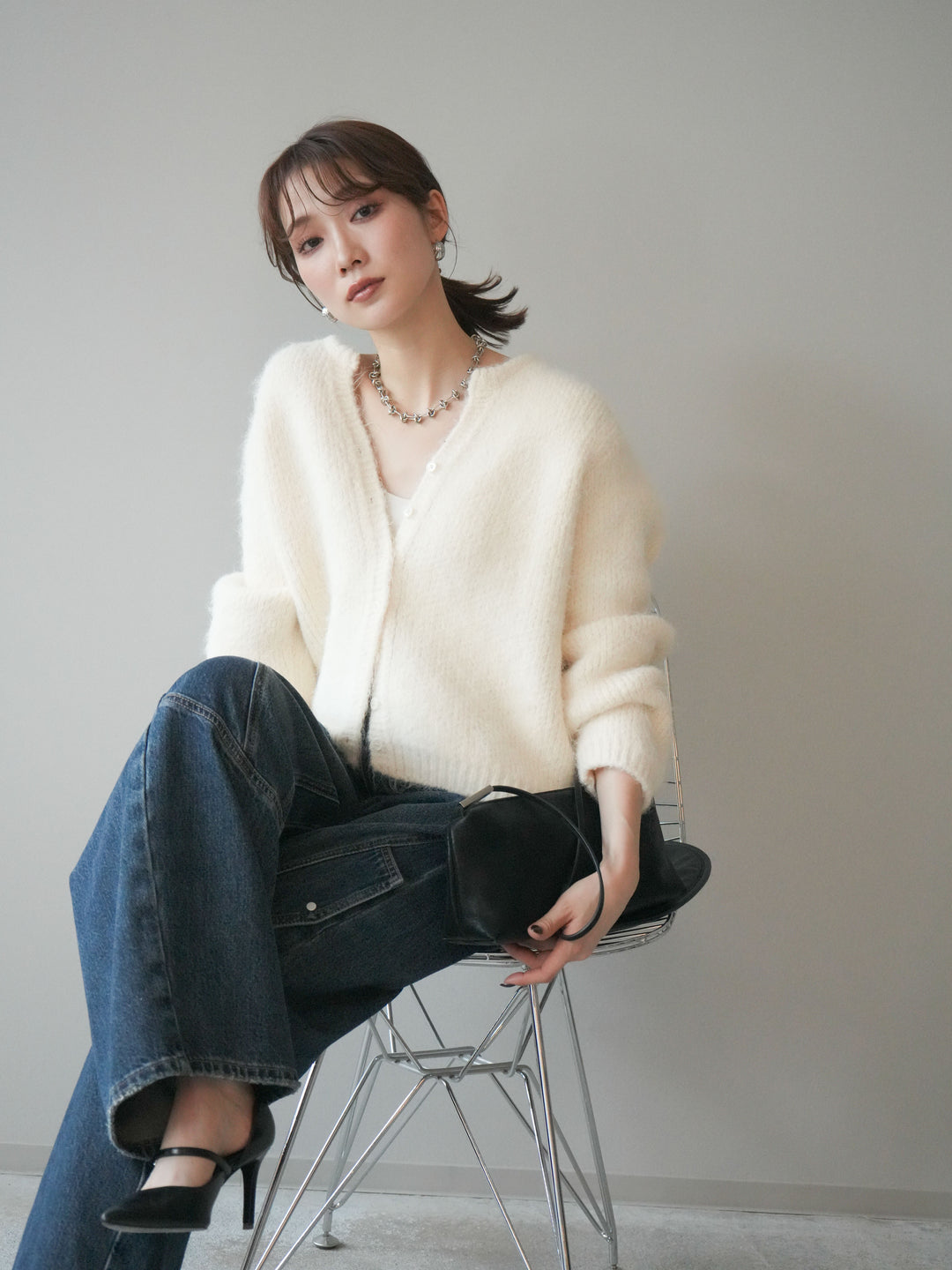 [予約]キーネックシャギーニットカーディガン/ivory