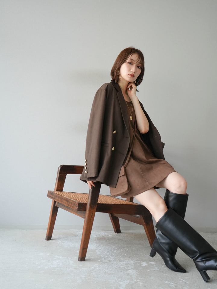 [SET]ゴールドボタンツイルダブルテーラードジャケット+ショルダーポーチ付スウェードミニワンピース(2set)