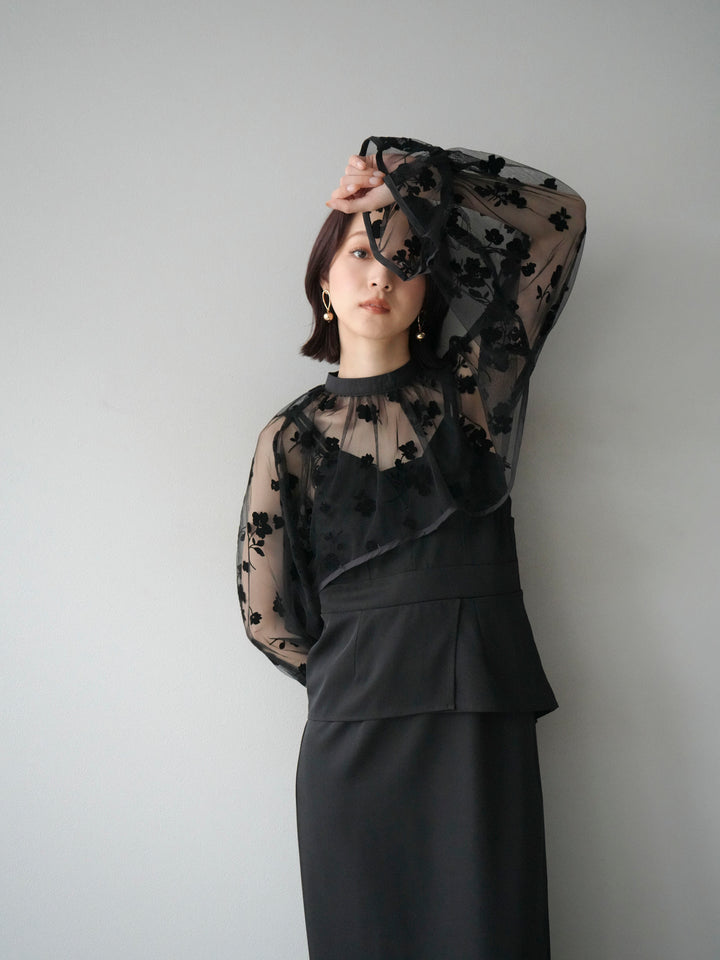 [予約]チュールフラワーフロッキーショートブラウス/ブラック