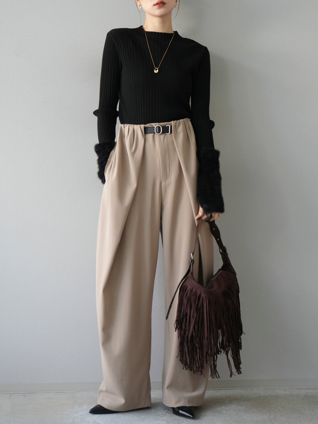 [予約]アームシャギーランダムリブニットトップス/ブラック