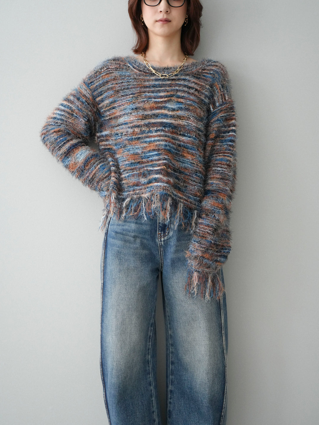 [SET]裾フリンジミックスヤーンシャギープルオーバー+選べるアクセセット(2set)