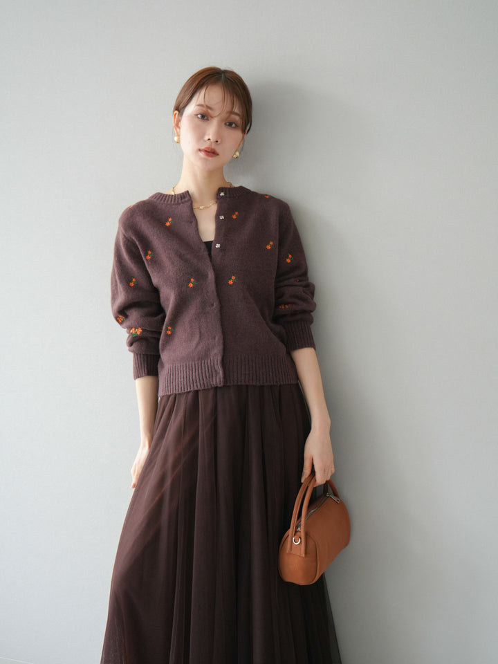 [SET]フラワー刺繍ニットカーディガン+チュールボリュームスカート(2set)