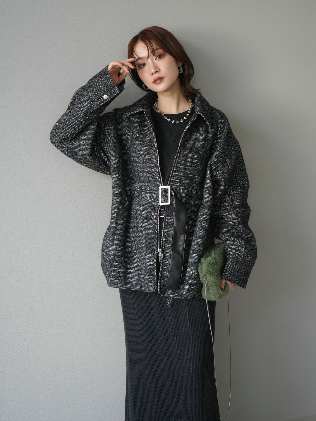 [予約]メッシュ切替ノースリーニットワンピース/darkgray