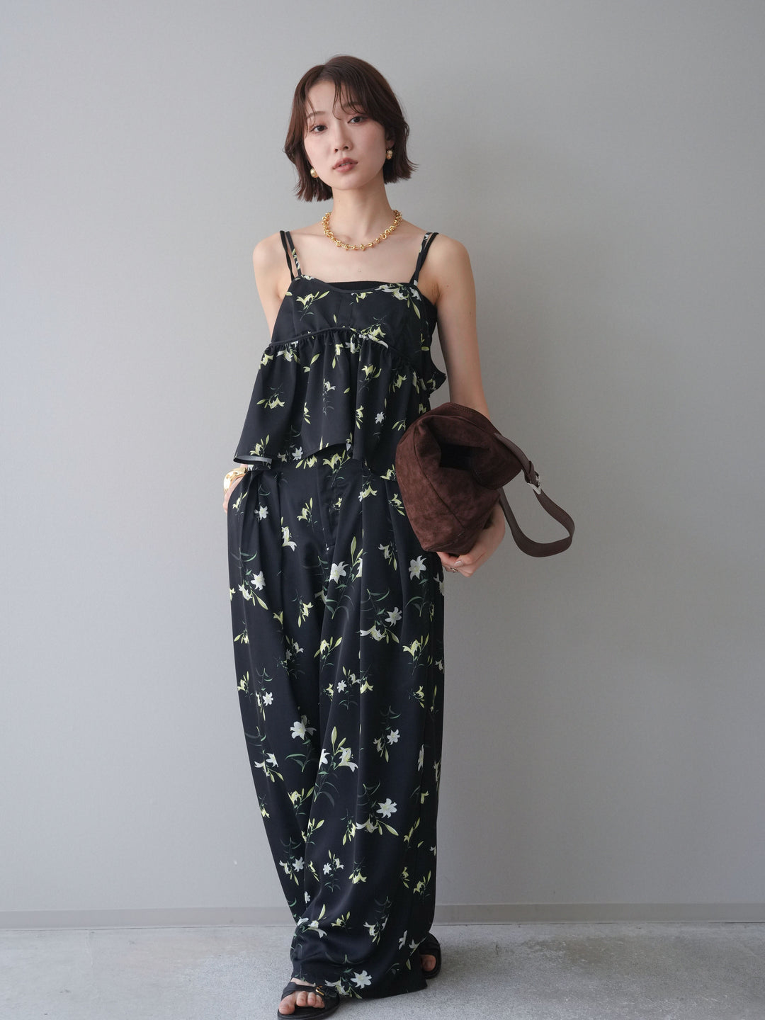 [SET]フラワープリントキャミソール+フラワープリントタックパンツ(2set)