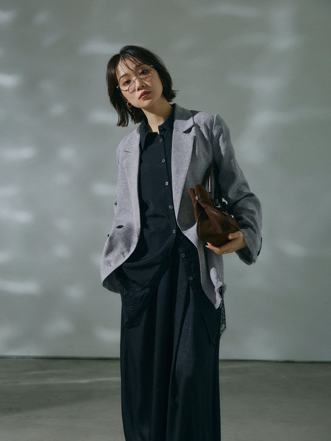 【Allure】[SET]スラブツイードフリンジテーラージャケット+ワッシャーサテンタックジョガーパンツ(2set)