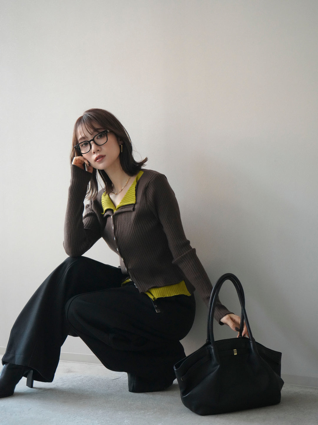 [予約]配色レイヤードリブニットカーディガン/brown