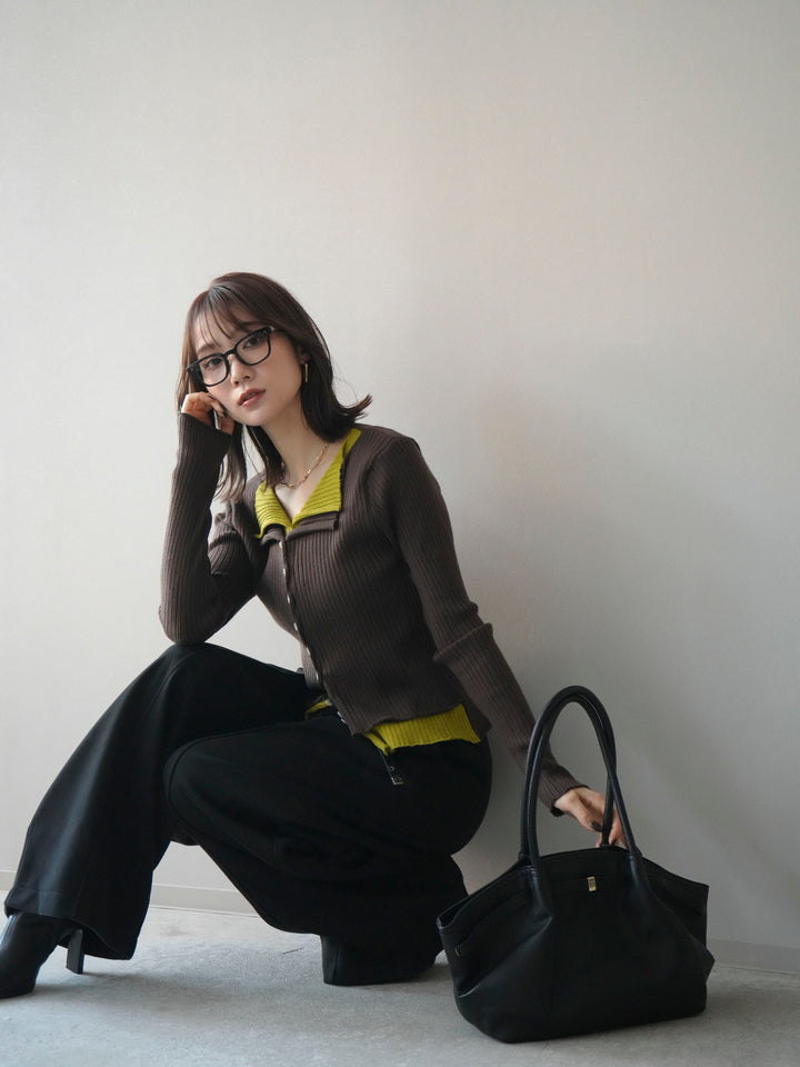 [予約]配色レイヤードリブニットカーディガン/brown