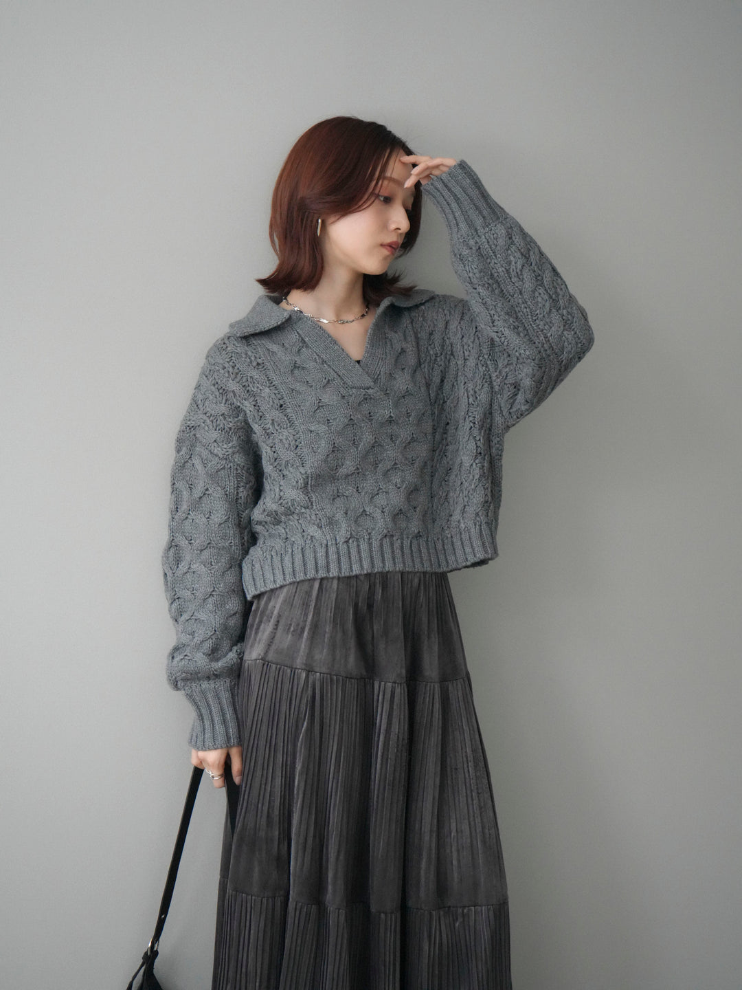 [SET]バルキーケーブルクロップド開襟プルオーバー+ベロアティアードワッシャースカート(2set)