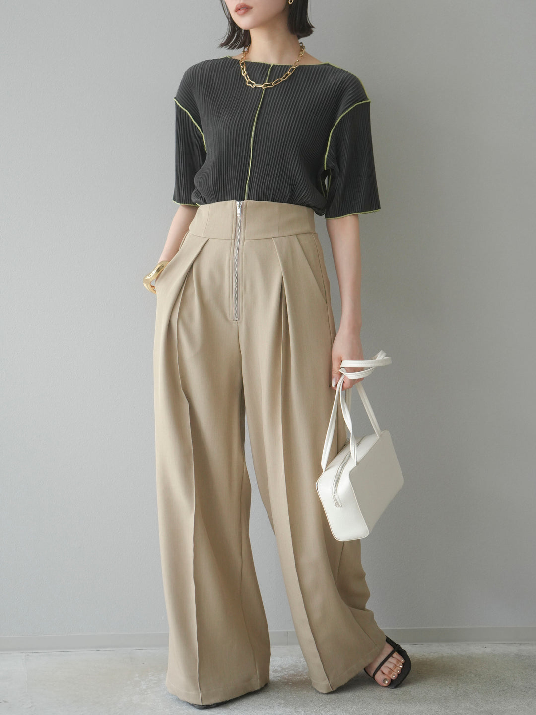 【SET】配色褶皺半袖上衣 + 配色褶皺半袖上衣 (2 件套)