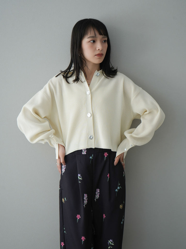 [SET]ボリュームスリーブポロニットカーディガン+フラワーアートプリントタックパンツ(2set)