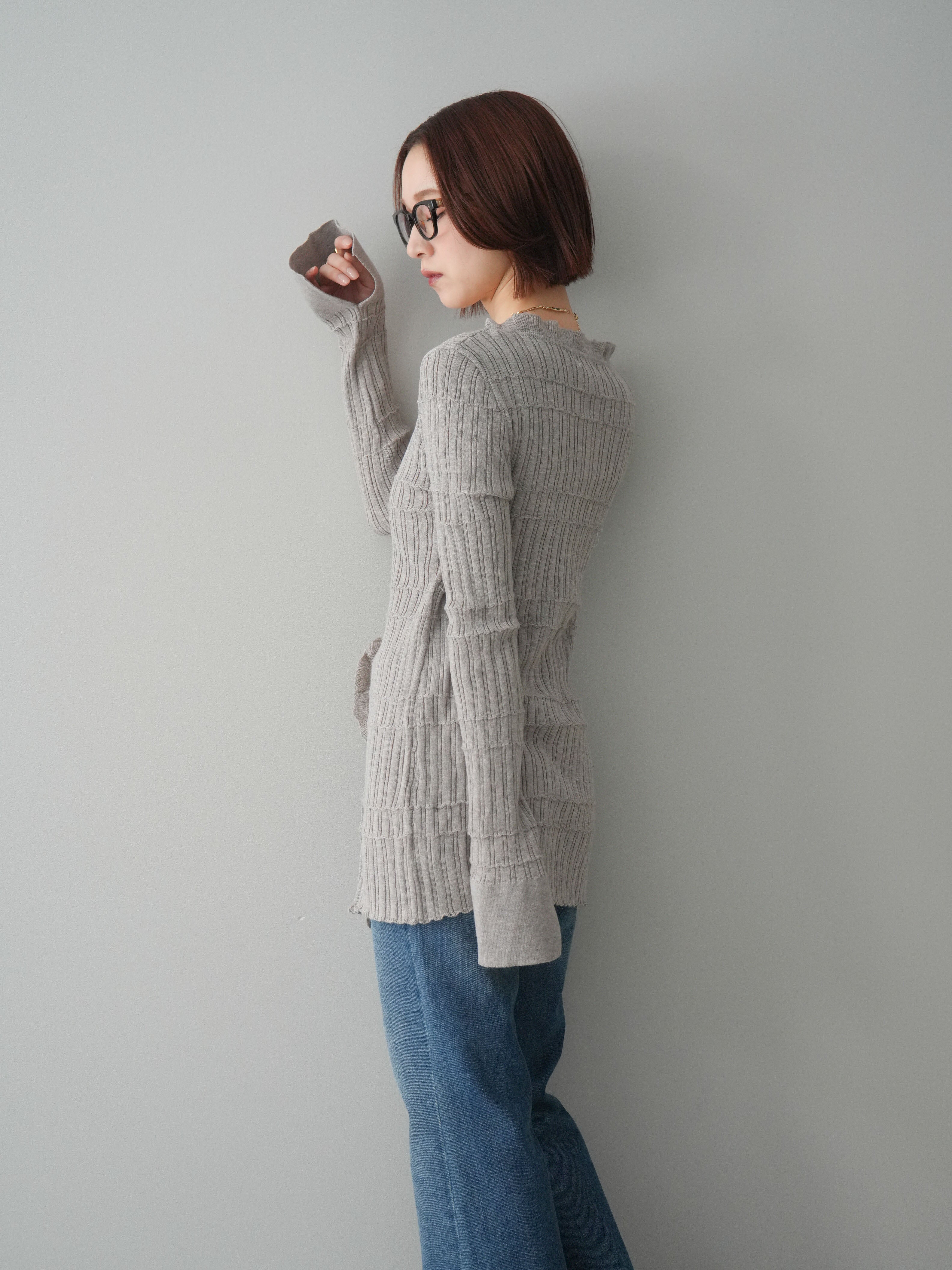 SET]フロントフリルリブニットカーディガン+フレアデニムパンツ(2set