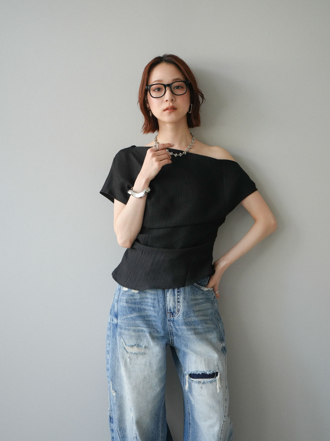 [予約]クレープアシンメトリーギャザートップス/black