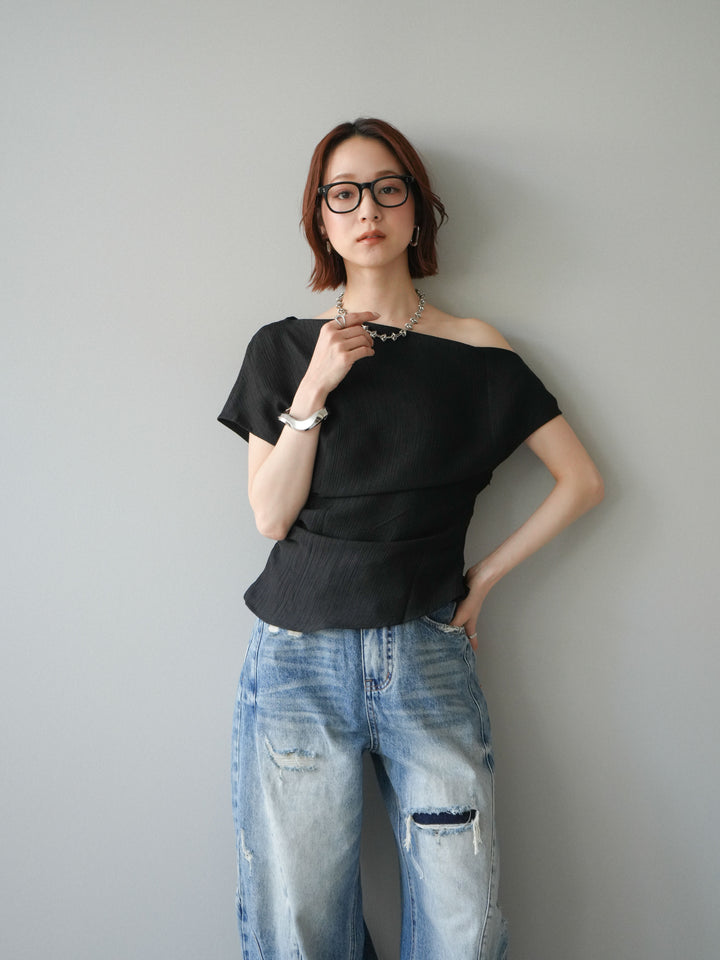 [予約]クレープアシンメトリーギャザートップス/black