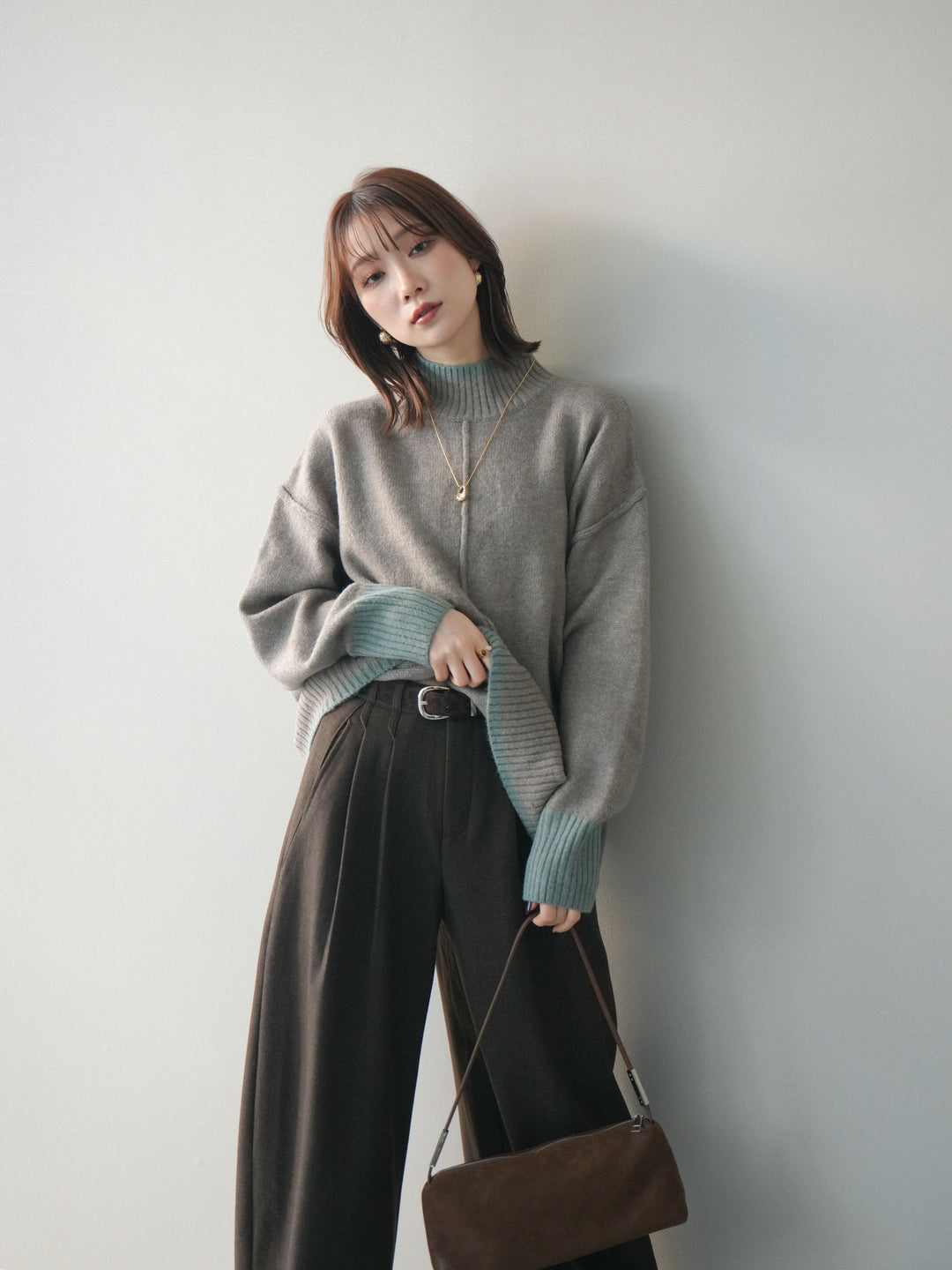 [SET]配色ハイネックニットプルオーバー+アニマル柄ベルト付きウールタッチワイドパンツ(2set)