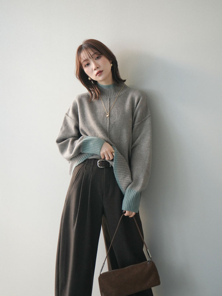 [SET]配色ハイネックニットプルオーバー+アニマル柄ベルト付きウールタッチワイドパンツ(2set)