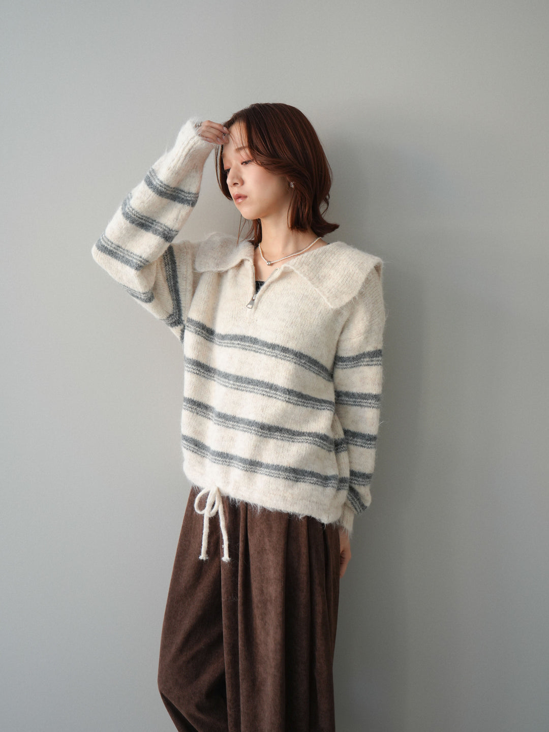 [SET]ハーフジップボーダーニットプルオーバー+コーデュロイサイドタックコクーンパンツ(2set)