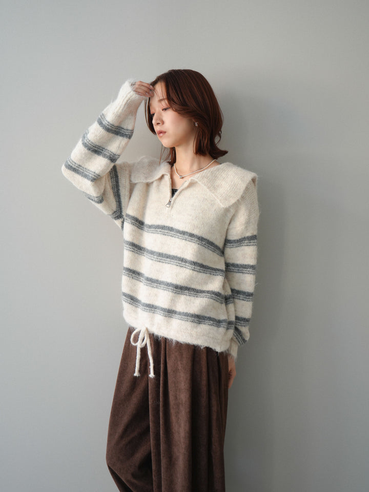 [SET]ハーフジップボーダーニットプルオーバー+コーデュロイサイドタックコクーンパンツ(2set)