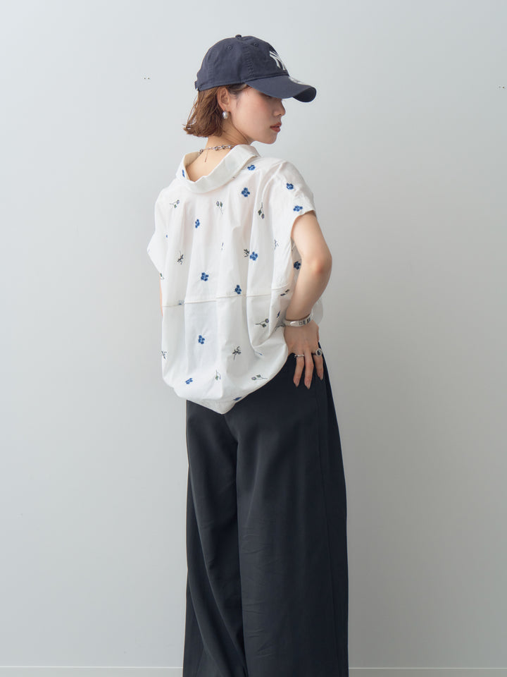 【套裝】花卉刺繡燈籠無袖襯衫+腰帶設計環扣闊腿褲（兩件套）