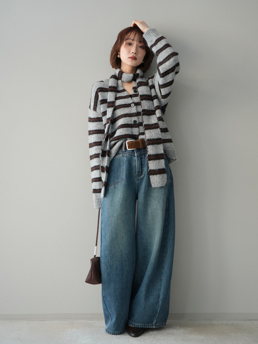 [SET]ボウタイ付きボーダーニットプルオーバー+ベルト付裏起毛カーブデニムパンツ(2set)