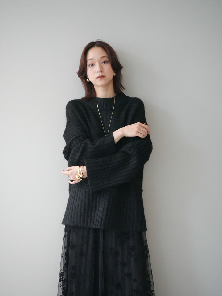 [SET]編み地切替ボトルネックニットプルオーバー+フラワーフロッキーチュールプリーツスカート(2set)