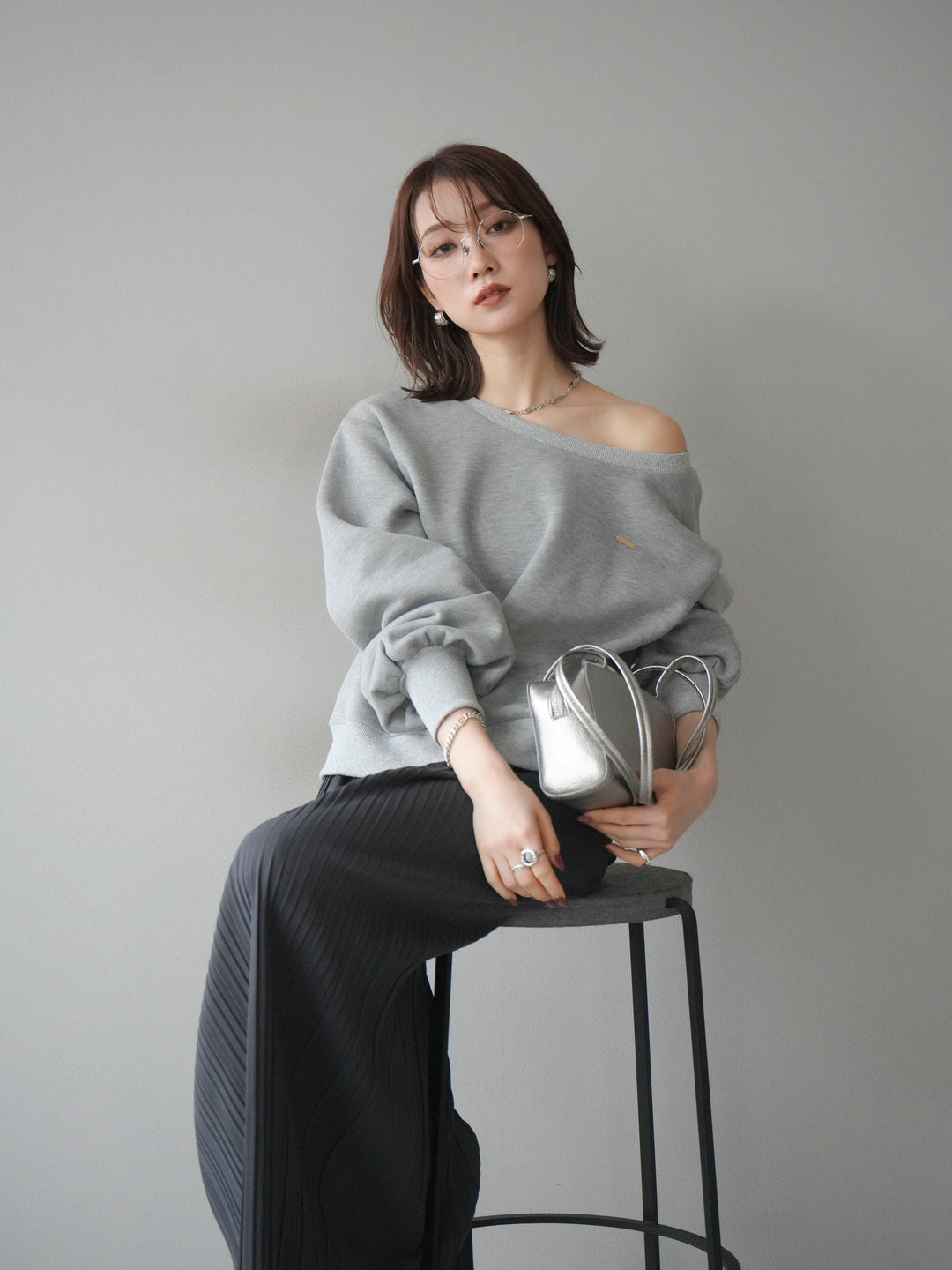 [予約]プレート付裏起毛ワンショルプルオーバー/mixgray