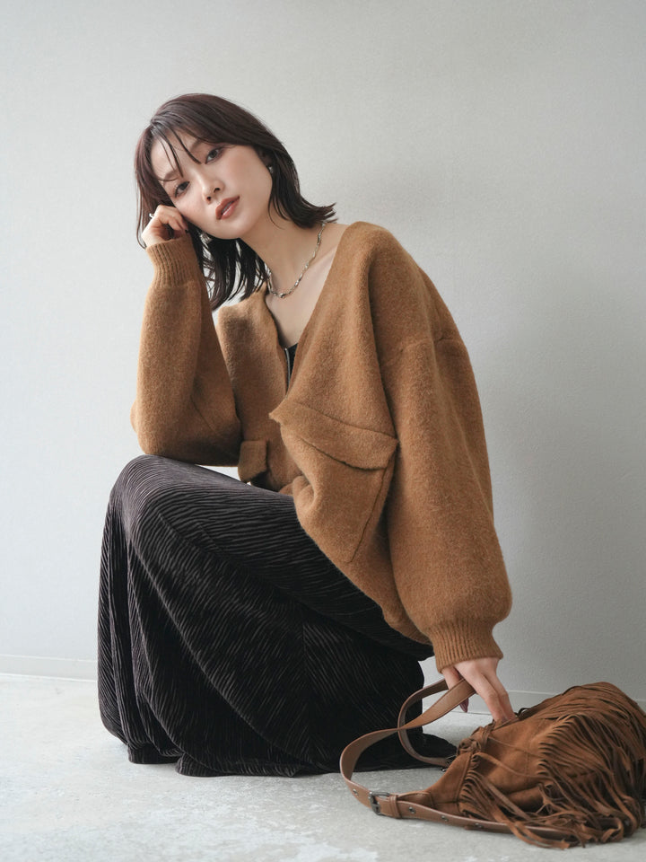 [預訂] 大口袋拉鍊針織開襟衫/駝色