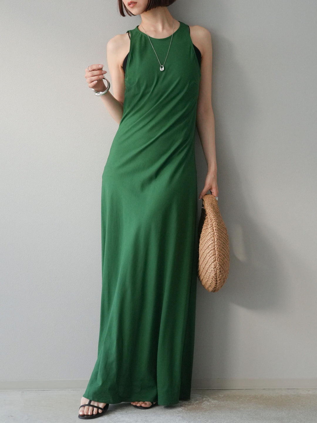 [予約]リネンタッチノースリーブワンピース/グリーン